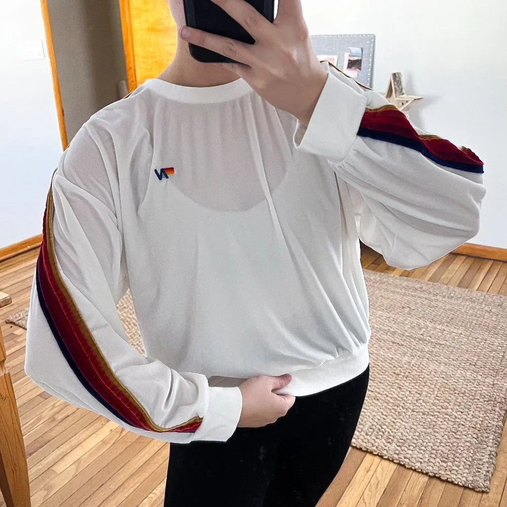 Aviator Nation White Crew Neck Velvet Rainbow Piped Preppy Lounge Sweatshirt M